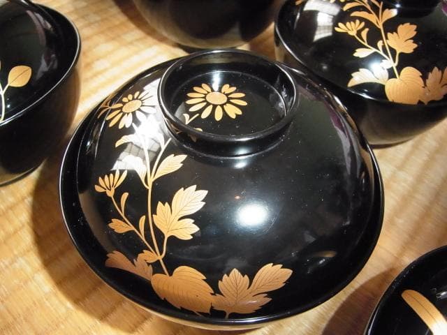 1870年頃 購入時16万◆橘屋友七作 金銀草花蒔絵 黒塗仙才丸吸物椀 10客