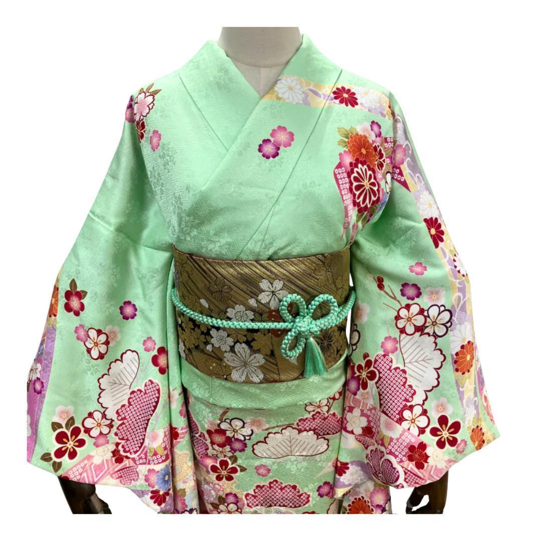 【お得品】 振袖セット 成人式 正絹 古典柄 振袖 緑 S*65 ●