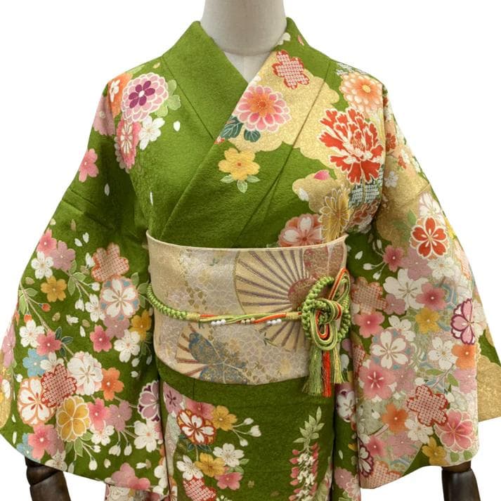 ≪早い者勝ち≫【美品】 振袖 正絹 古典柄 成人式 単品 抹茶色 S*19