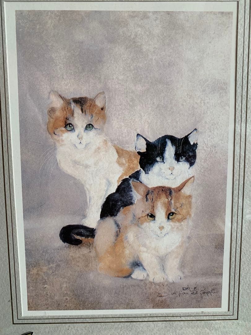 新品ドマンイタリア製インテリアアート額装複製画水彩画クロシロ猫ハチワレ茶白猫の絵