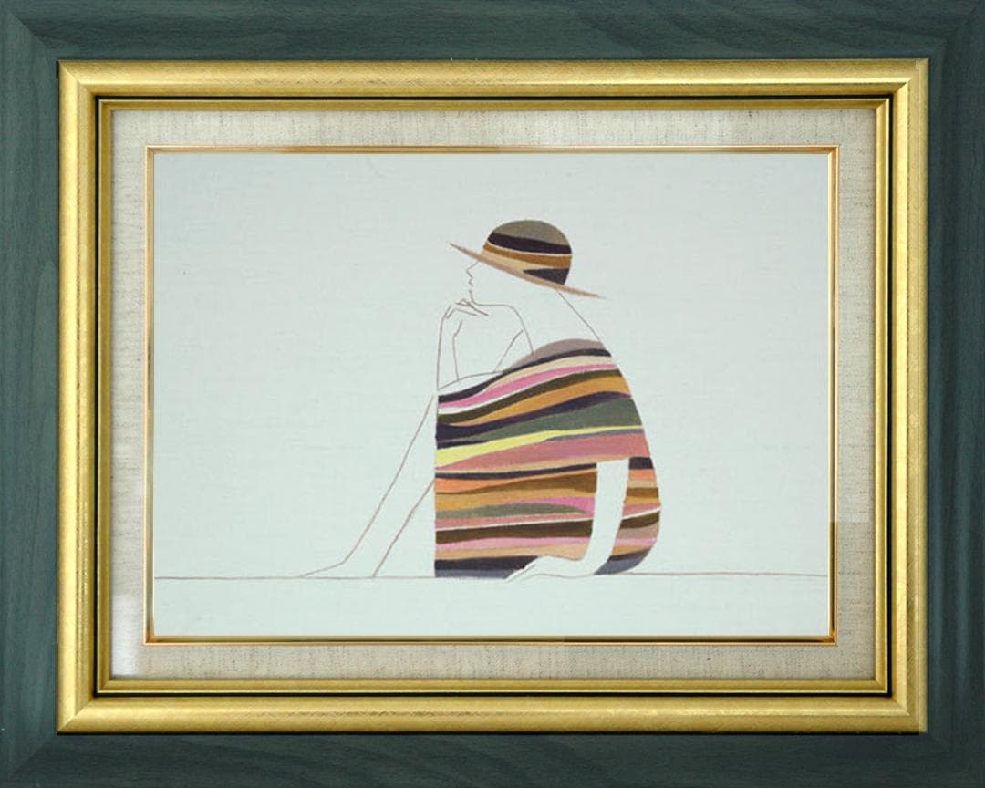 油絵 菅家令子 絵 絵画インテリア 額付(青緑＋金色の枠)F3-041214女性