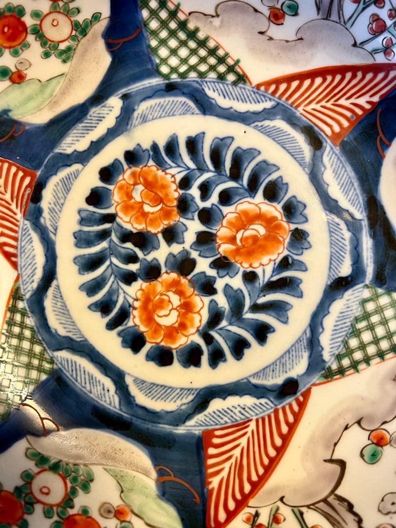 古伊万里　大鉢　色絵　赤絵　染付　二高台　食器　アンティーク　古道具