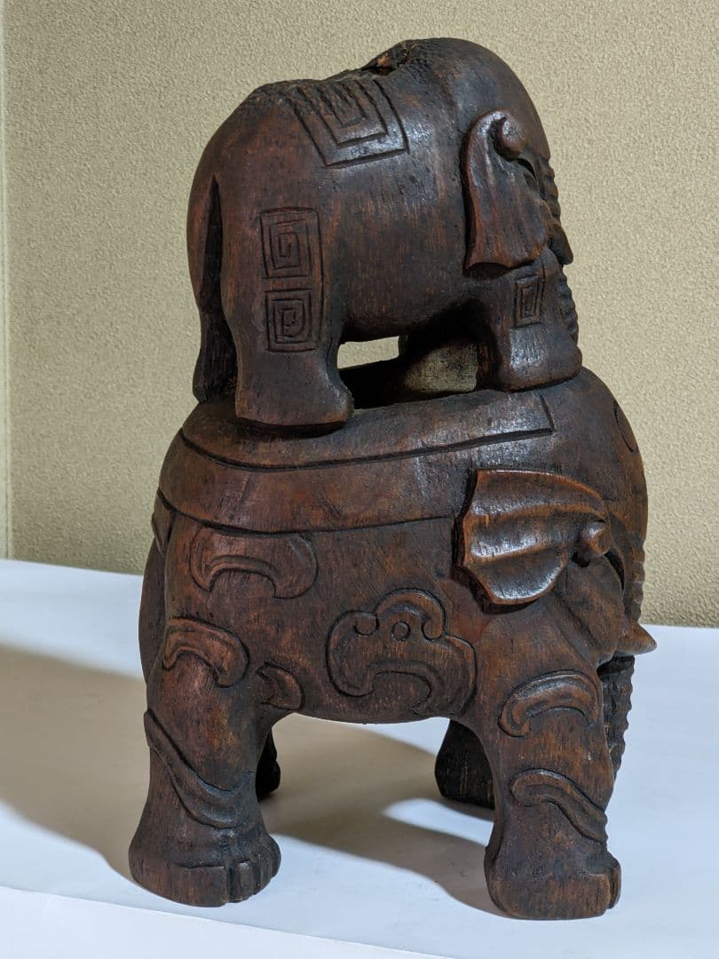 ♦中国古美術品 清時代 竹根 透かし彫り 親子象 置物飾り レア物 骨董品