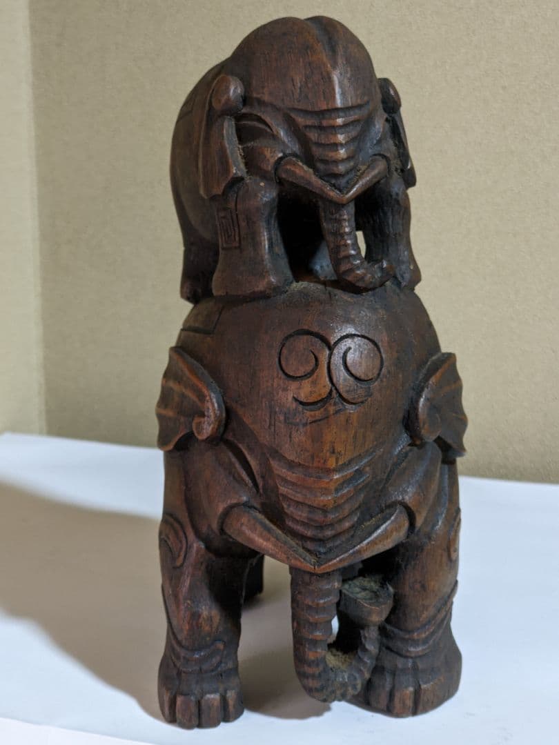 ♦中国古美術品 清時代 竹根 透かし彫り 親子象 置物飾り レア物 骨董品