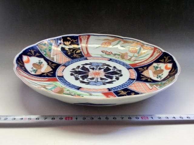 大皿■赤絵兎紋窓絵染錦絵花唐草紋皿 花弁型(江戸後期～明治期)古伊万里 時代物■