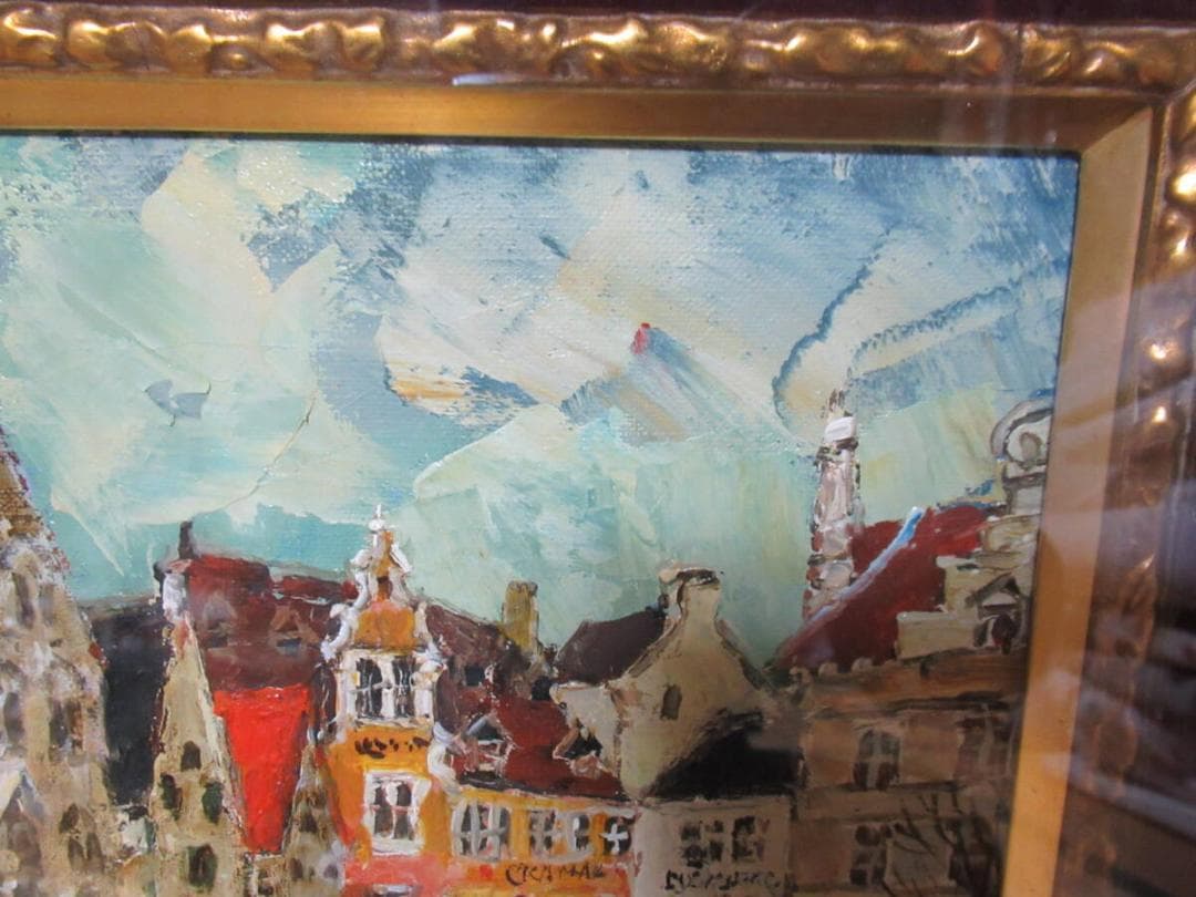 真作 美品 1960年代真筆油彩画！二科展/ニ紀展 児玉幸雄『ベルギーの村』F3