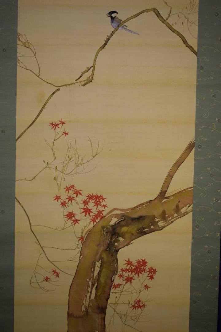 真作/東原方僊/晩秋紅葉に四十雀図/桐共箱二重箱付/布袋屋掛軸HG-884