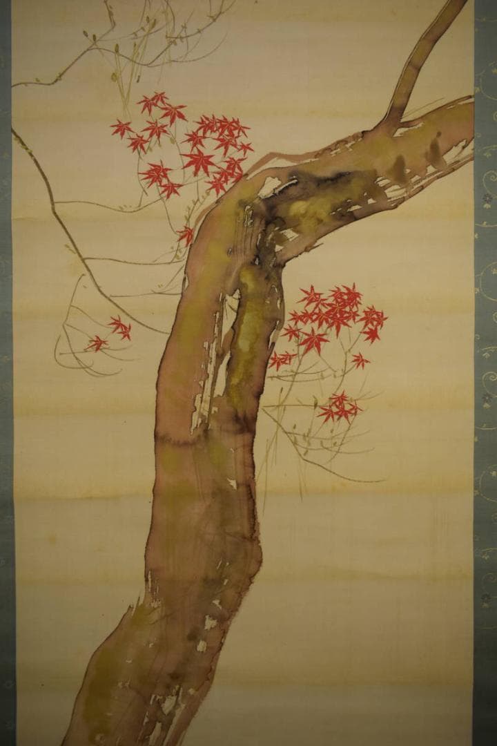 真作/東原方僊/晩秋紅葉に四十雀図/桐共箱二重箱付/布袋屋掛軸HG-884