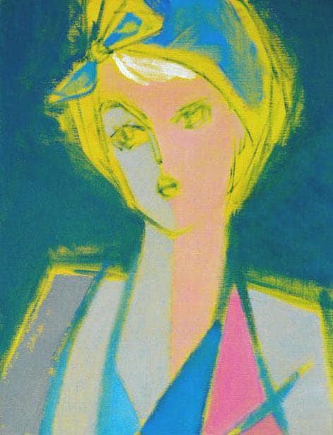油絵 菅家令子 絵 絵画インテリア額付(青緑＋金色の枠) F6-080612女性