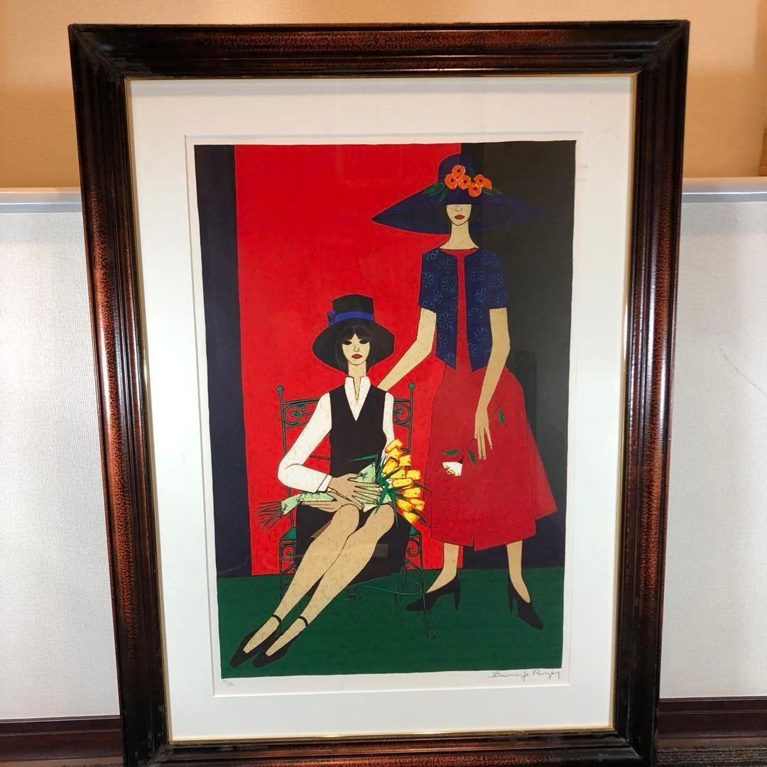 ロジェ・ボナフェ 「二人の少女」 リトグラフ　額縁付絵画　作家直筆サイン入り