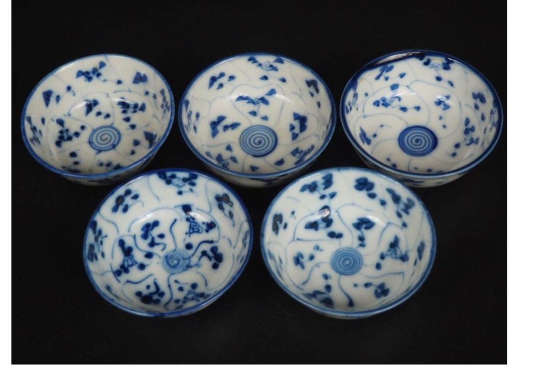 送料無料　清時代　青華煎茶碗5客　口径8.7ｃｍ　茶道具