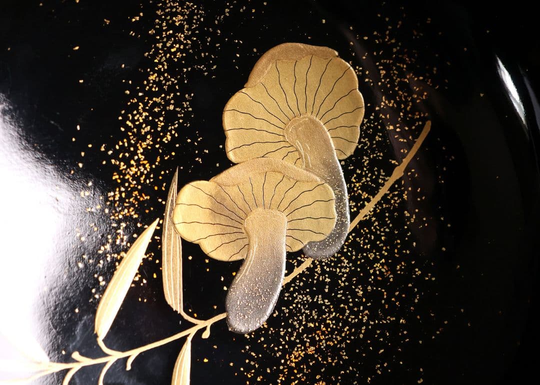【CM412】天然木漆塗 加賀蒔絵 蓮と野菜金蒔絵 黒煮物椀 五客 漆器 昭和期