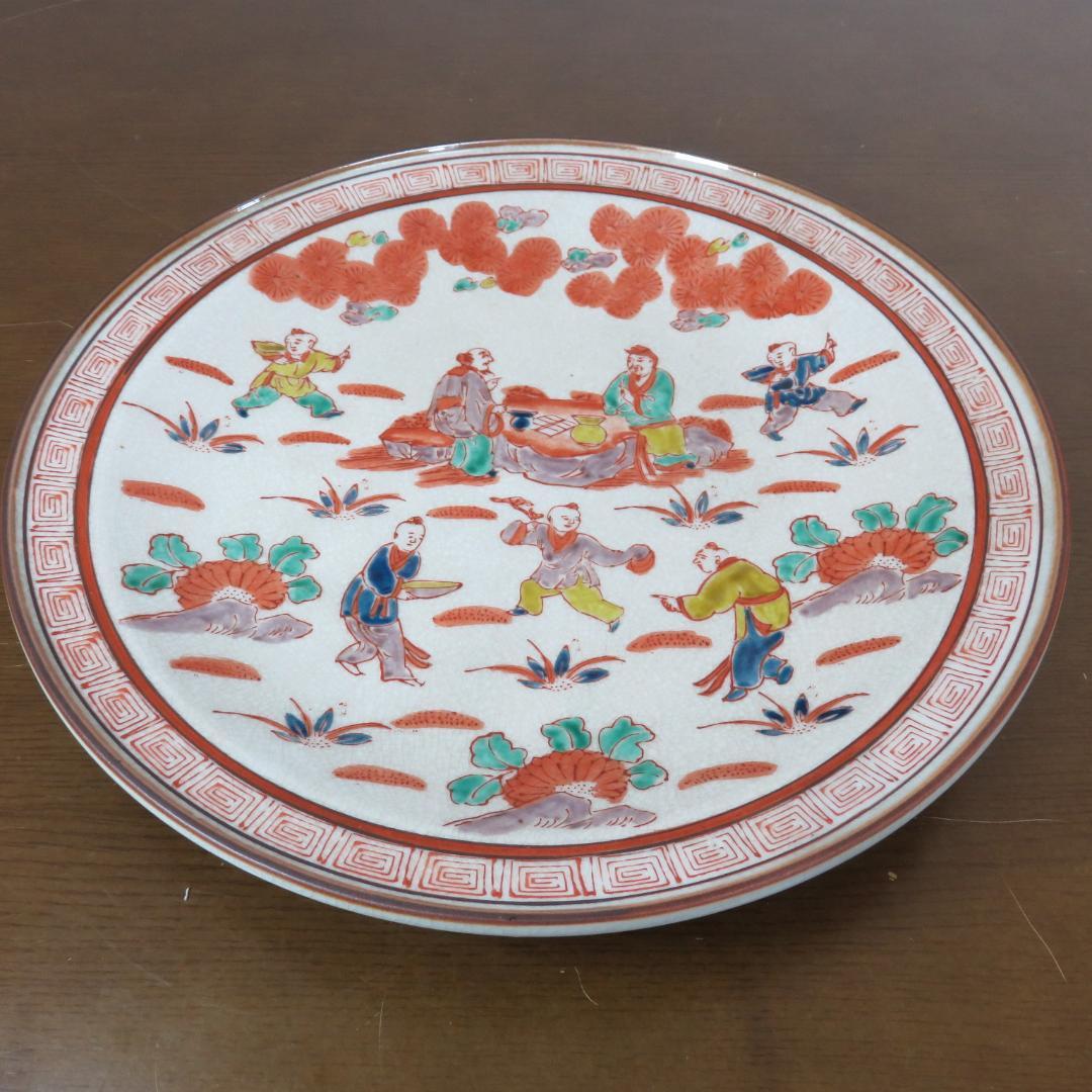 大皿 色絵 赤絵 童 中国 角福 銘 中華 あそび 窯傷
