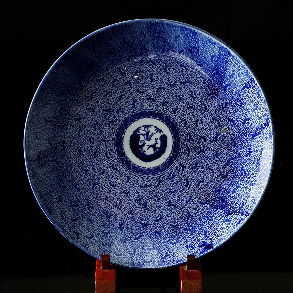 江戸幕末明治時代 古伊万里 有田 染付 尺寸大皿 微塵唐草 ベロ藍約35㎝ 飾皿