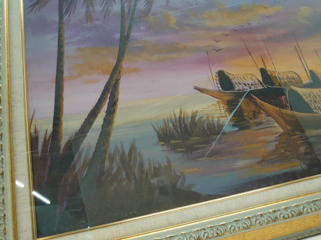 ミャンマー　有名画家　Soe Aung 漁船と夕日 絵画