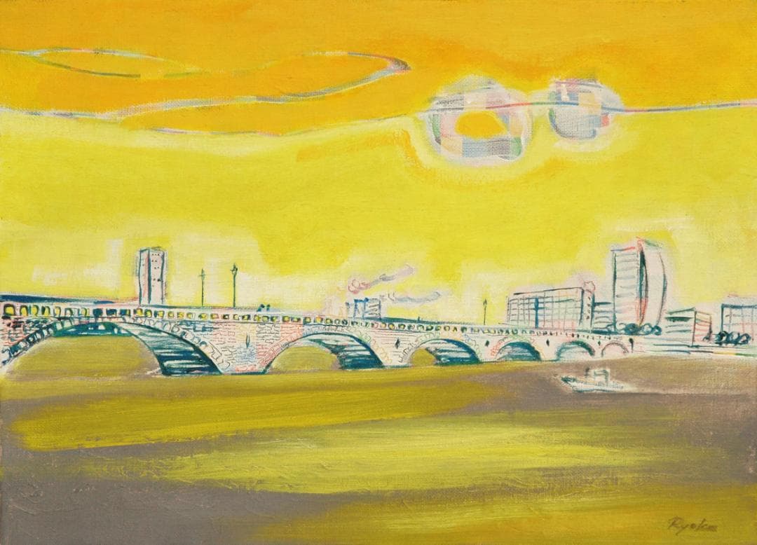 油絵 菅家令子 絵 絵画インテリア額付(黒)F4-090214 風景夕朝陽万代橋