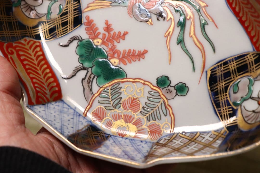 【CM52】古伊万里 桐鳳凰図 変形 刺身皿 五客 鶴 金彩 錦手 菱形 向付