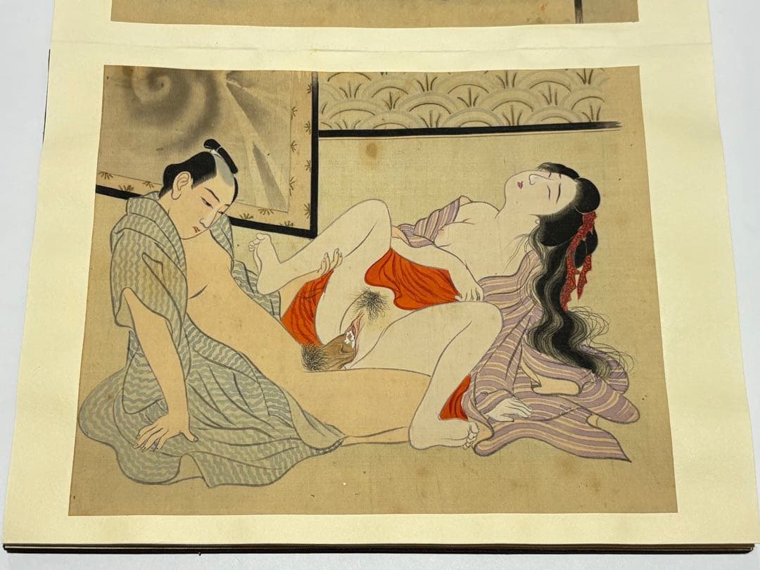 「彩色絹本 春画帖」艶本 明治？大正？頃筆 1帖|和本 わじるし 枕絵