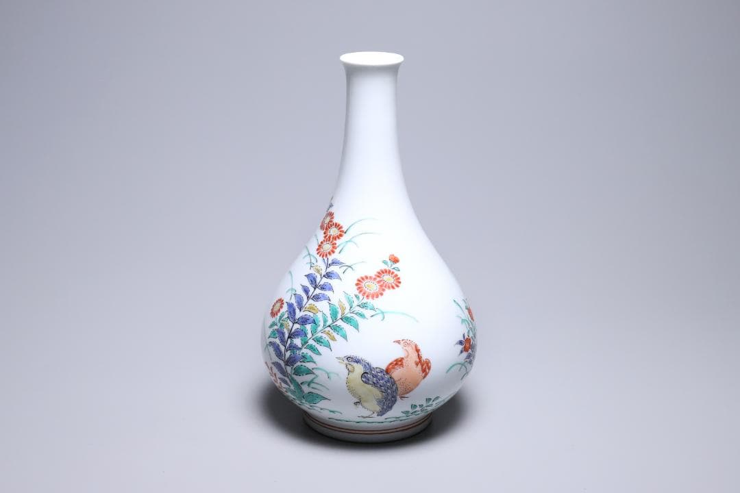 十四代酒井田柿右衛門　錦秋草鶉文花瓶　共箱　美品　柿右衛門　有田焼【正一古美術】