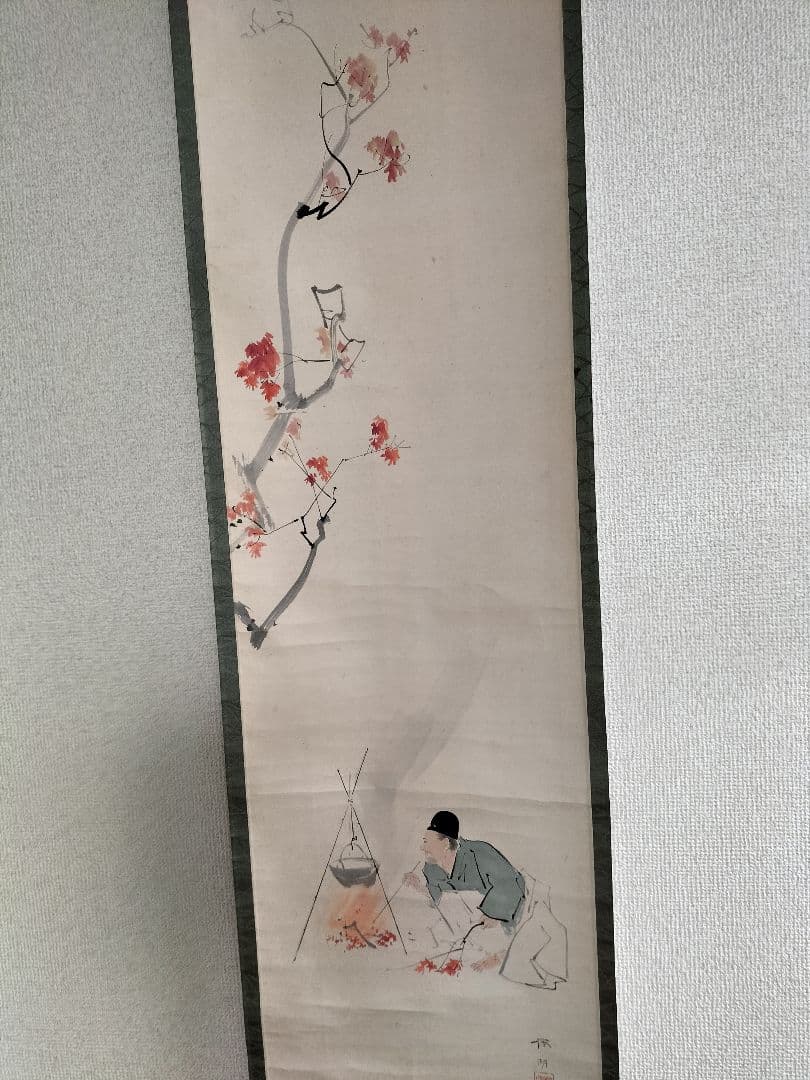 掛け軸　絹本　松本楓湖作「楓ト人物」明治大正期　真筆　日本画家　尊皇家　骨董