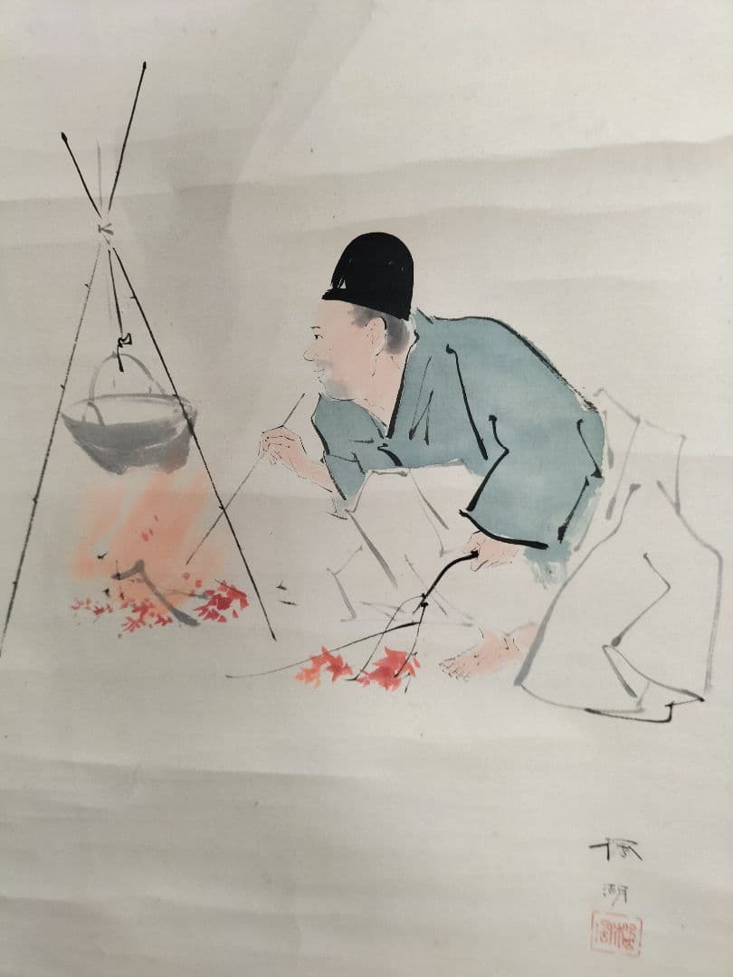 掛け軸　絹本　松本楓湖作「楓ト人物」明治大正期　真筆　日本画家　尊皇家　骨董