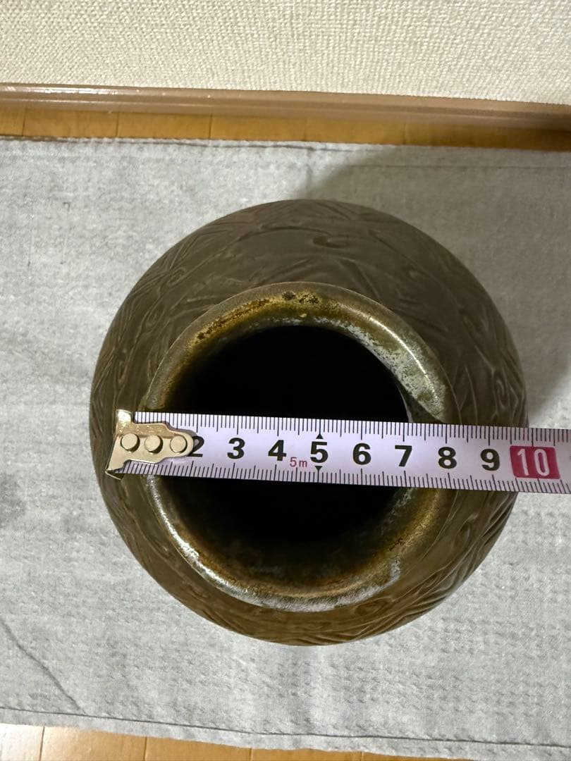 幾何学模様のダークグリーン茶色陶器花瓶 昭和レトロ アンティーク