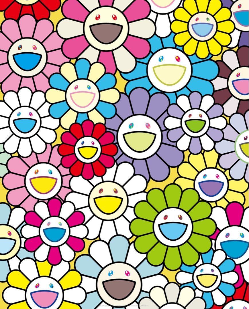 小さなお花の絵：黄色や白や紫のお花たち 村上隆 サイン入りポスター 限定300枚