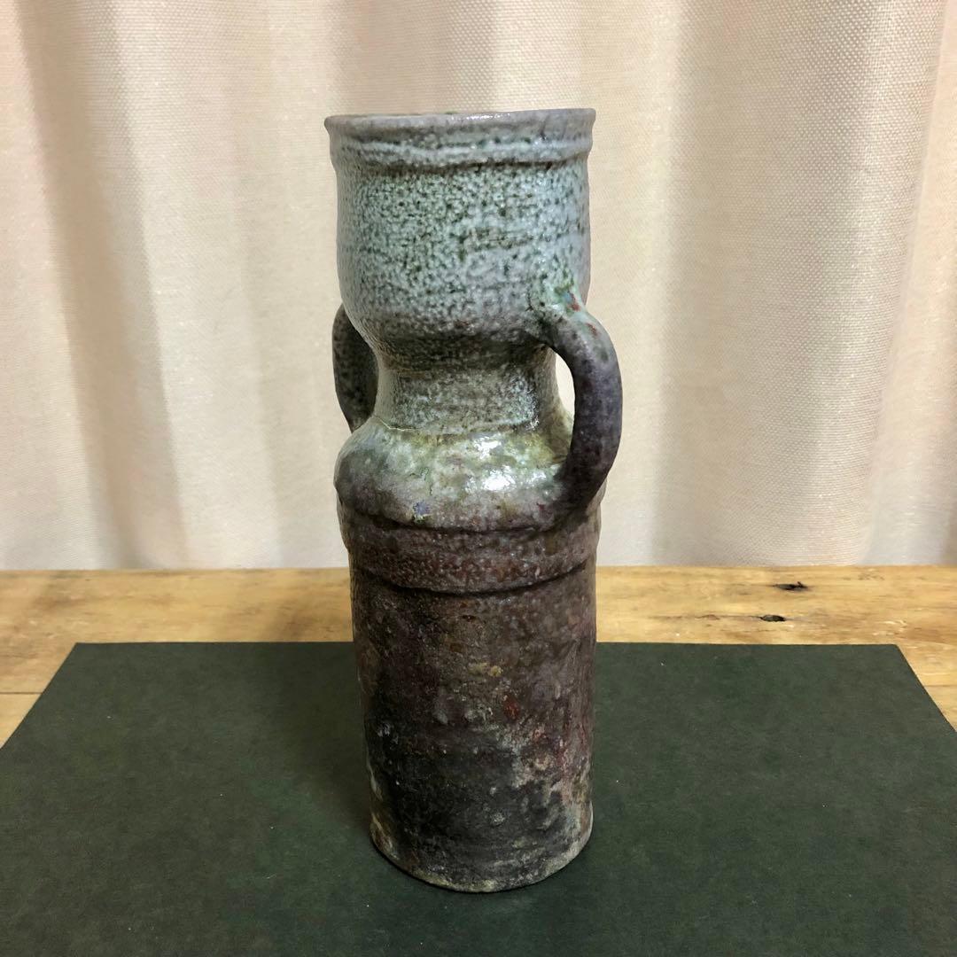 佐久知炎仙 秘色南蛮花器 茶道具 共箱 耳付花入