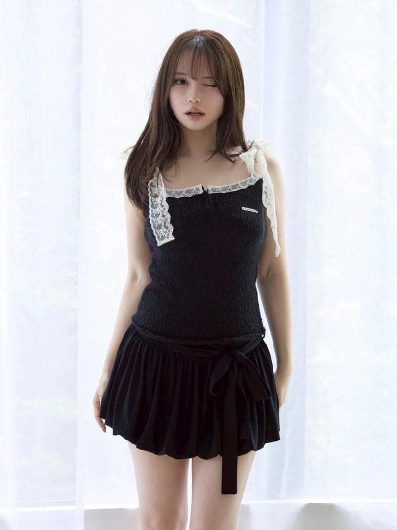 Cotton ribbon tank 黒