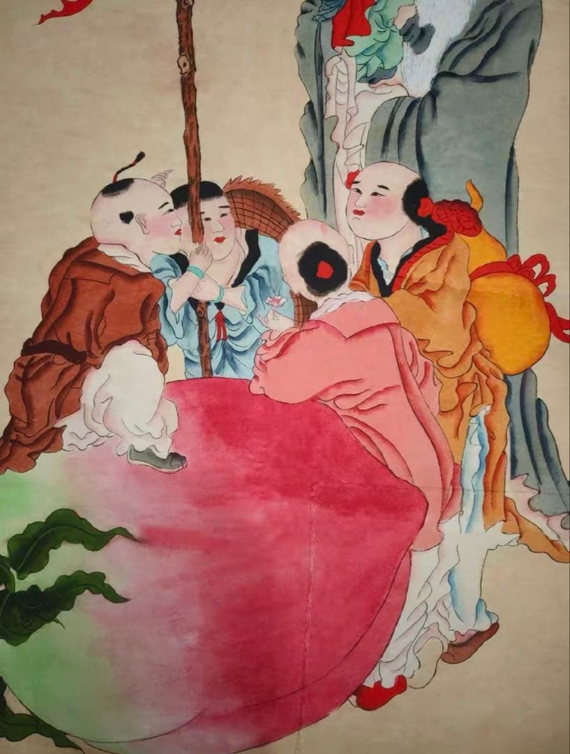 【中国古画名作】沈周 戯童翁 図 掛軸｜吉祥人物画・長寿祈願｜宣紙 中堂｜床の間