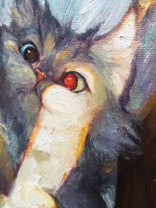 猫 猫じゃらし 油絵 油彩手描き 原画 オリジナル