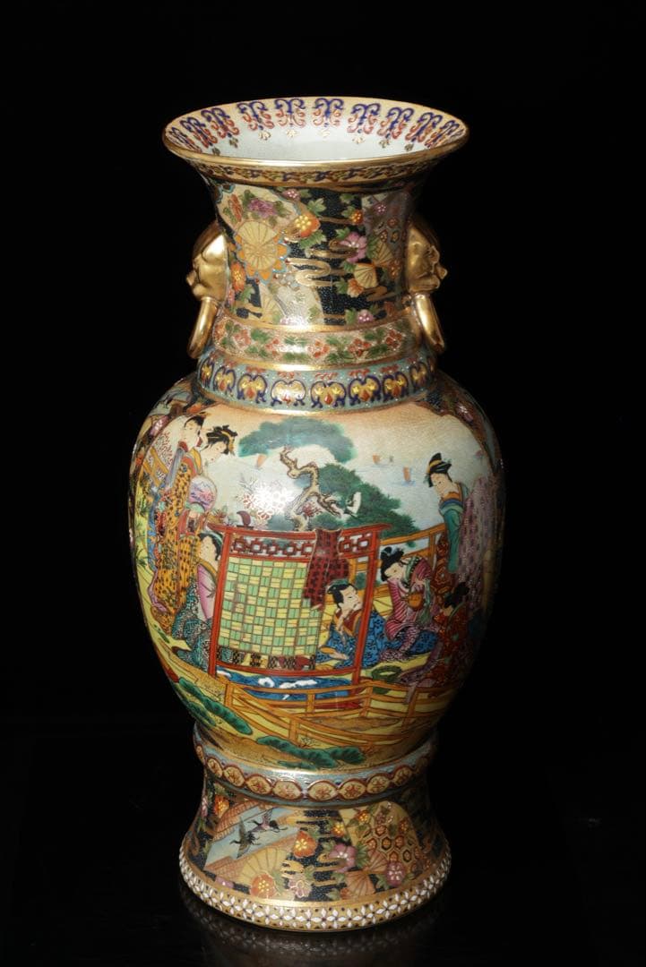 薩摩焼 金薩摩 美人図 大花瓶 高さ61.5㎝ 飾壷 耳付き 花入 古美術品