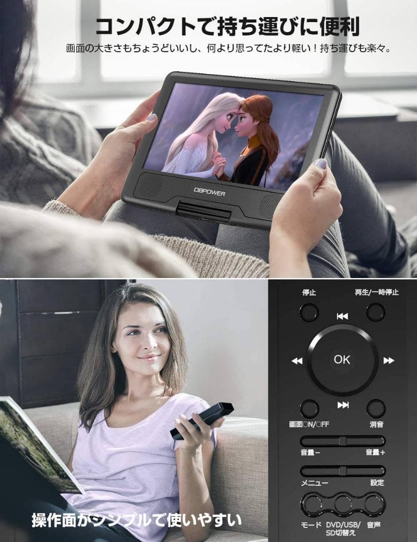 10.5インチポータブルDVDプレーヤー 大容量充電式5時間再生