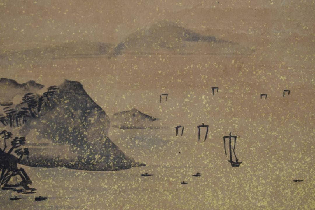 【真作】歌川廣重/一立斎印/山海帆舟図/小品/金泥山水図/掛軸☆宝船☆Z-397