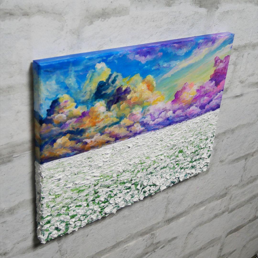 油絵 油彩 油彩画 絵 絵画【朝焼けの草原に咲く白い花と朝日】