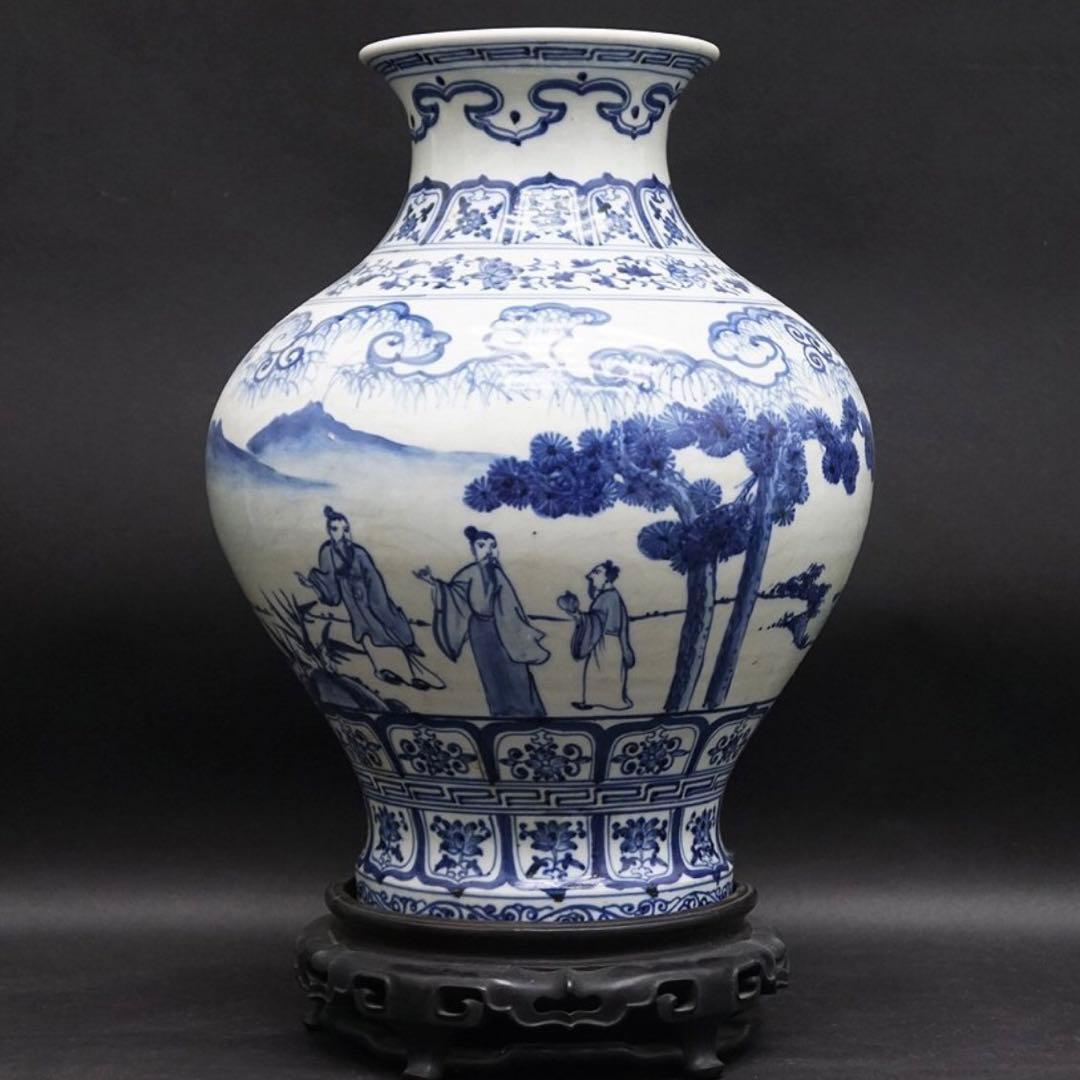 中国美術 中国古玩 台座付染付花瓶 花生 飾壷 唐物 磁器 陶芸 古美術品
