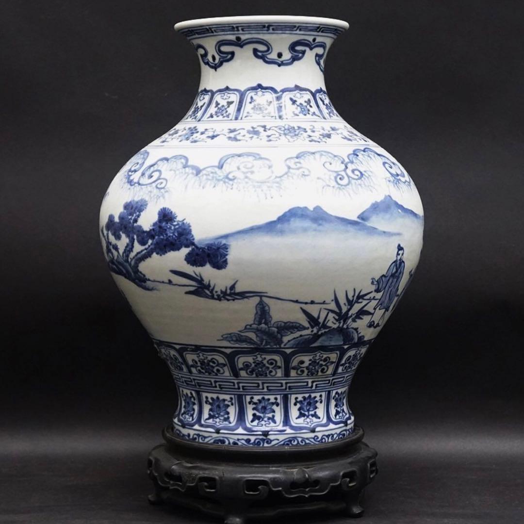 中国美術 中国古玩 台座付染付花瓶 花生 飾壷 唐物 磁器 陶芸 古美術品