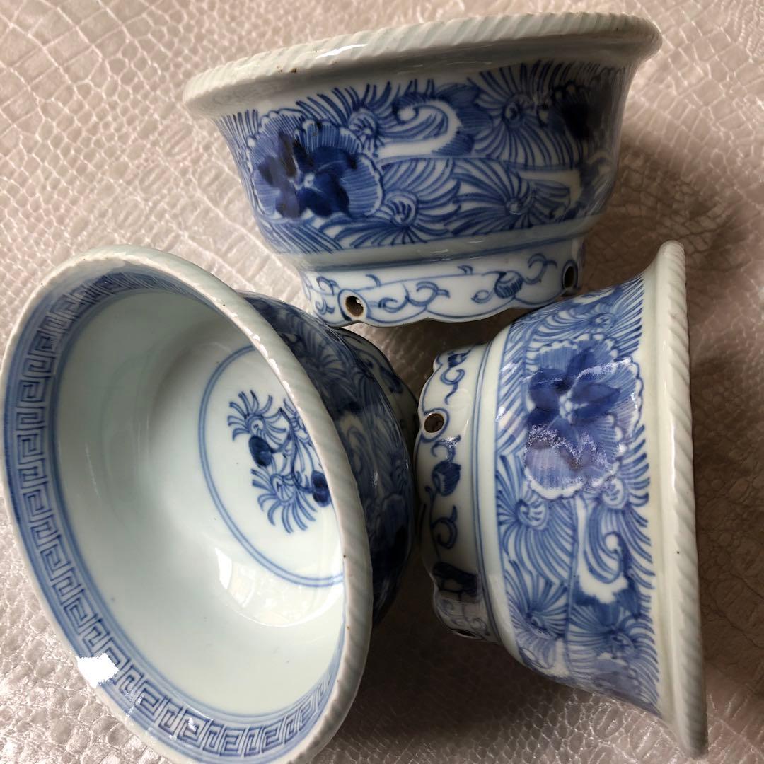 古伊万里 染付 花唐草文鉢　３客　江戸後期