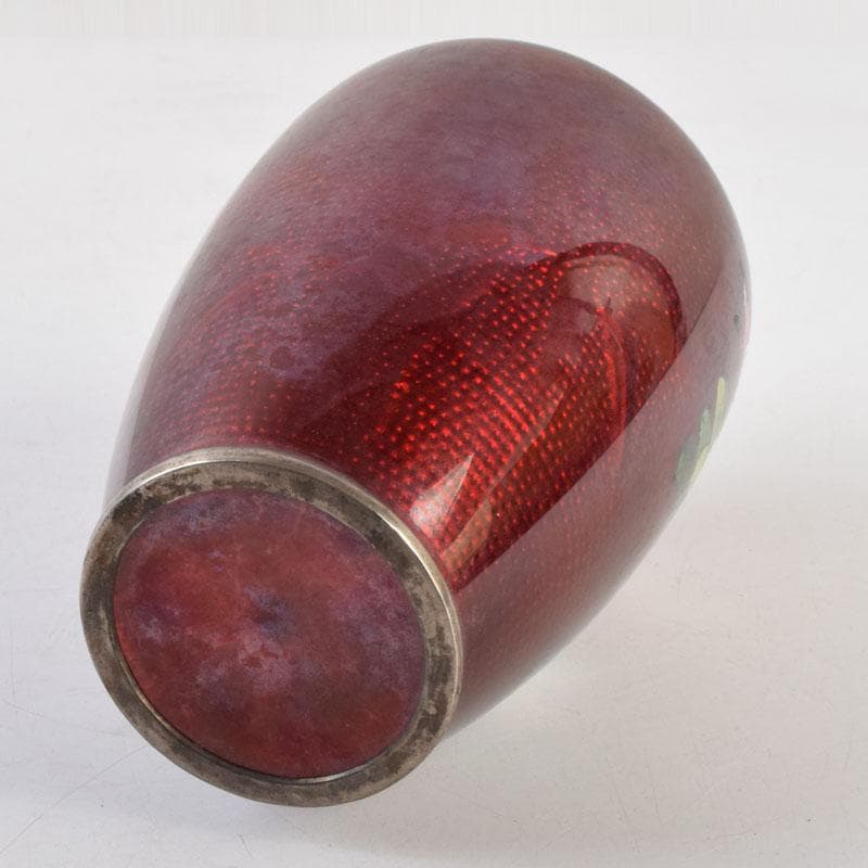 七宝焼　赤透釉　花文　花瓶　V　9018