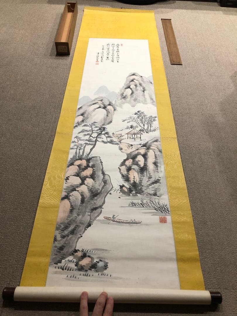 水墨畫。山水。戰前。名作家「福岡 敬堂」七十三才時の作品。共箱。古美術。骨董品。