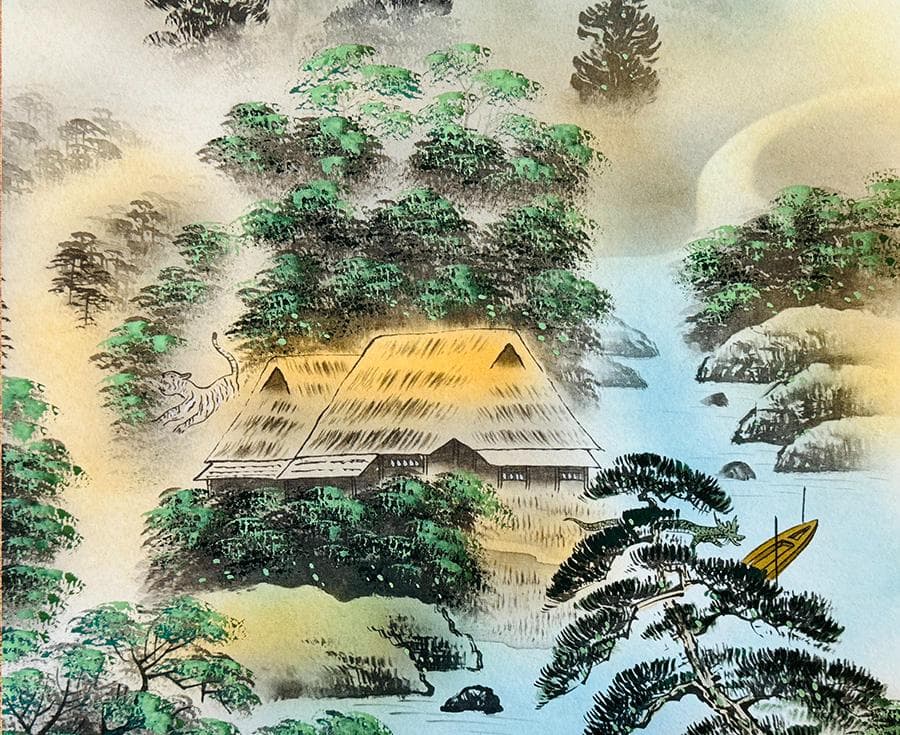 土田松月筆 四神守護山水 掛け軸 掛軸 肉筆 共箱 タトウ箱 縁起物日本画 神教