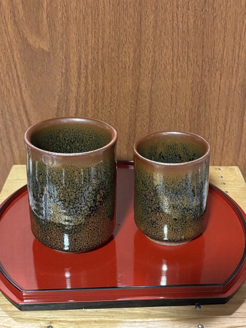 瀬戸市出身　加藤孝俊作　真玉園　箱入り　油滴天目　夫婦お湯呑み