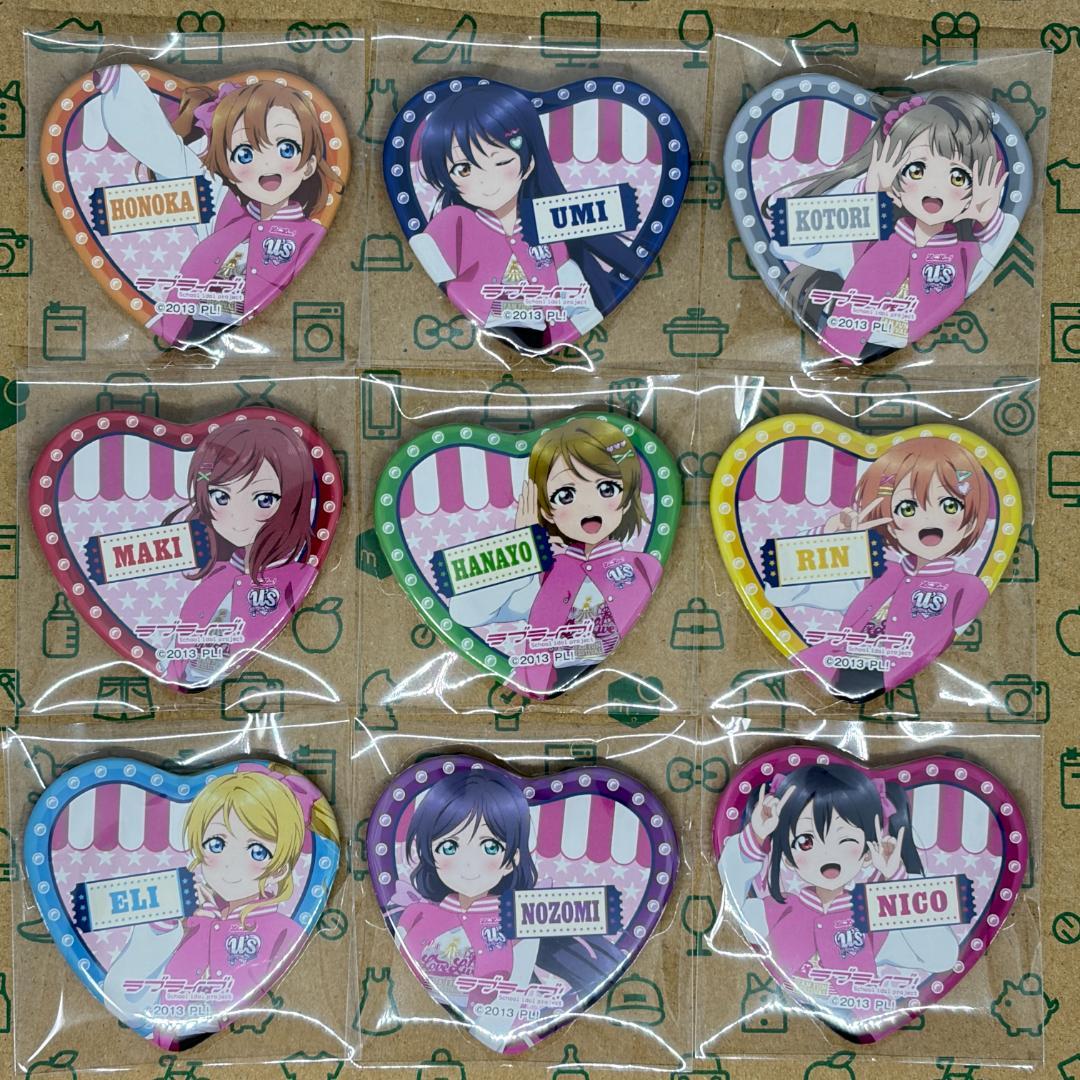 μ's ハート型缶バッジ 9点セット シリーズ15周年x全国遊園地コラボ