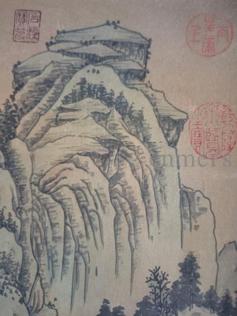中国古美術・純手描き山水図掛軸・水墨画・文徴明印款・書道品・絹本・肉筆・一物一图