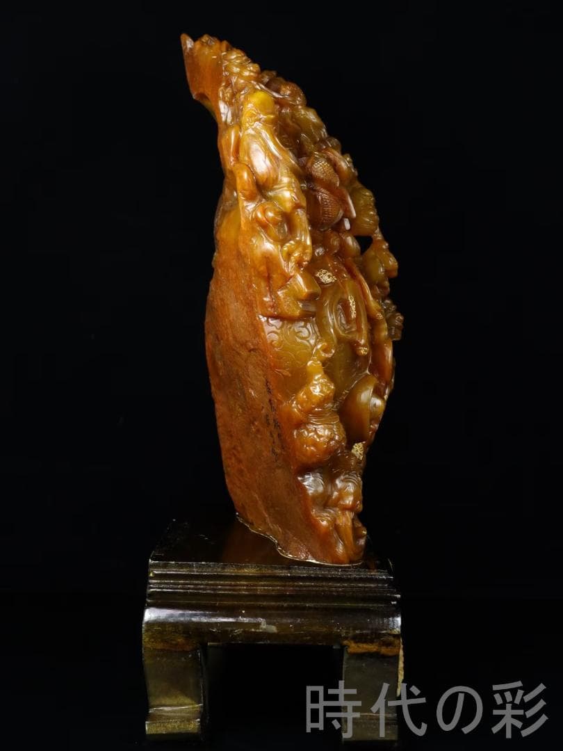 中国古美術【寿山田黄石 招財進宝】滄朋作款 旧蔵重器 11.61kg 鏤空 在銘