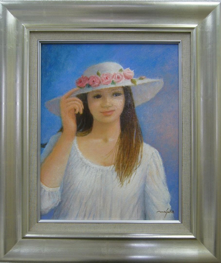 絵画 油絵  堀内政子  肉筆油絵 人物画  花帽子　F6
