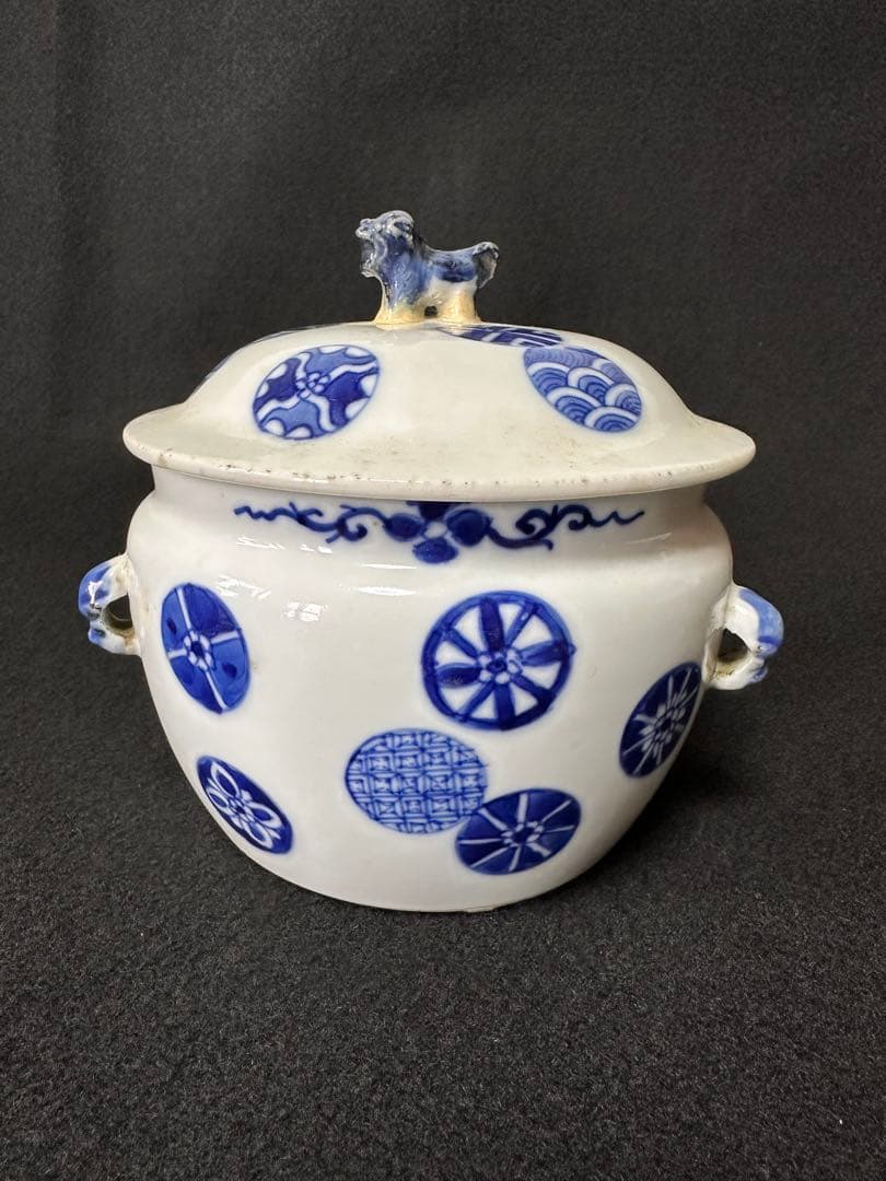 中国美術 清時代 古染付 獅子摘 玉図 蓋物 水指 茶道具 古陶磁