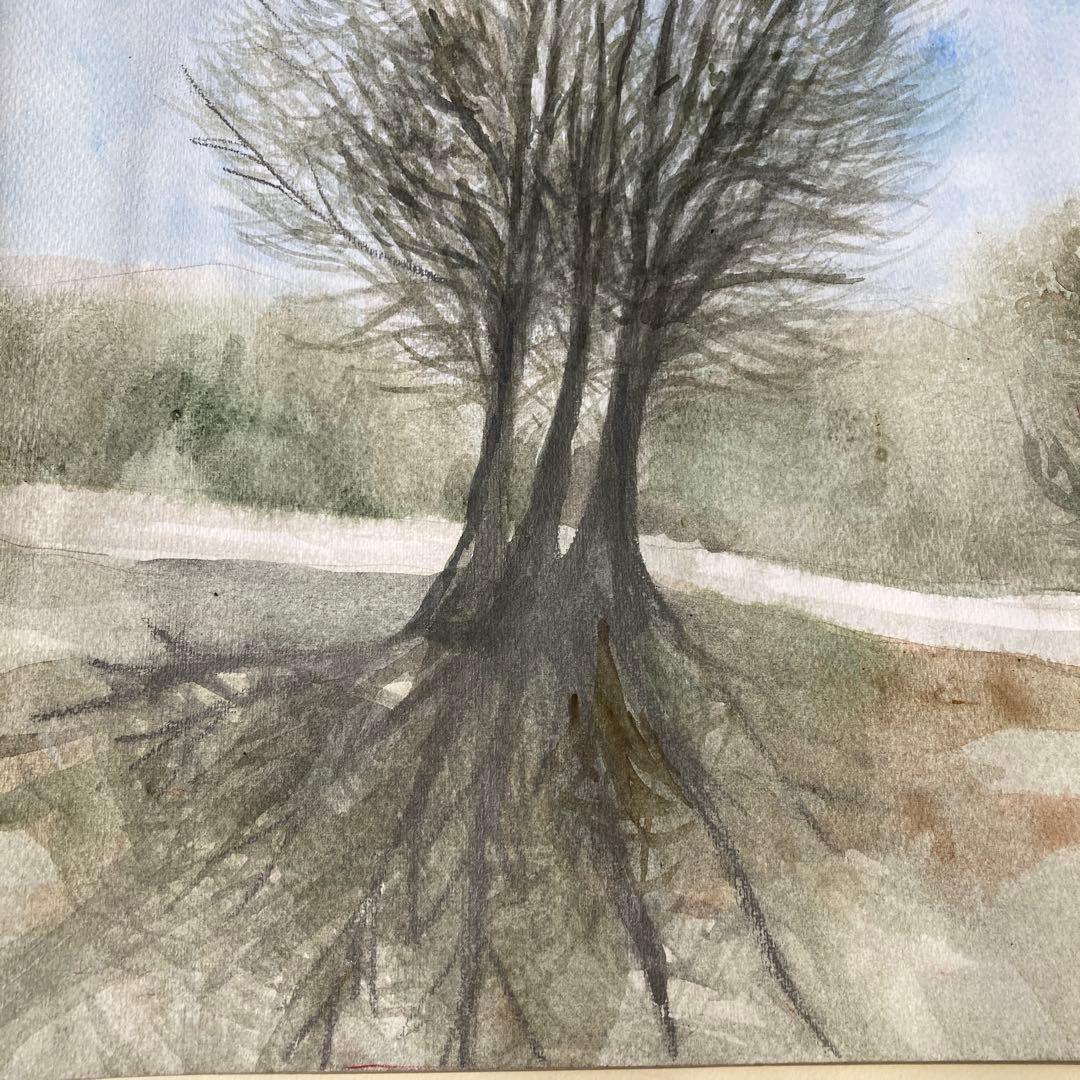 水彩画「太陽と木と雲」