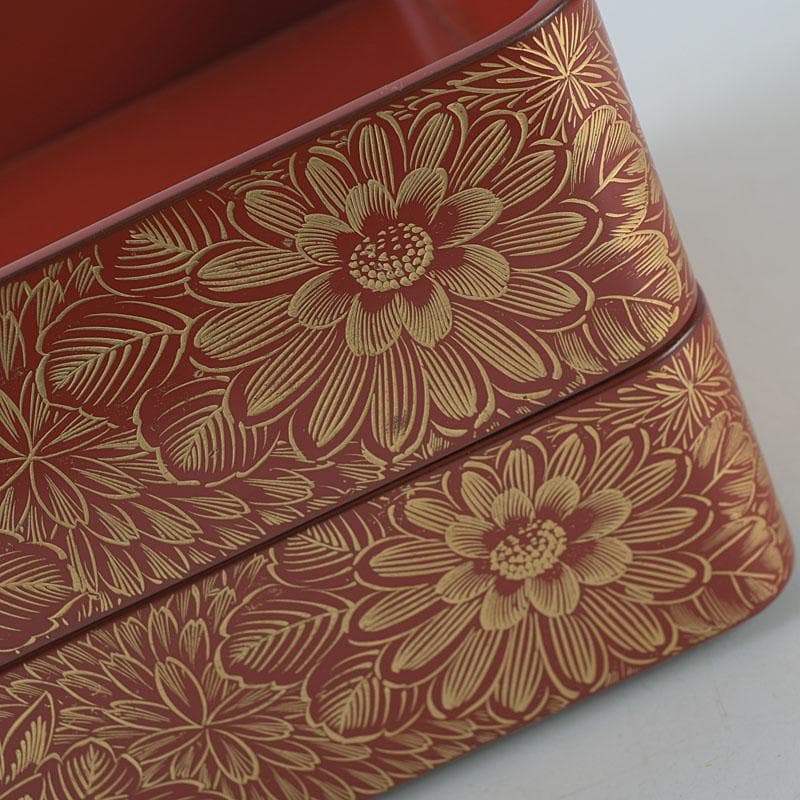 ゆりる　輪島塗　沈金蒔絵　菊彫文　手提四段重箱　共箱　M　R9137H