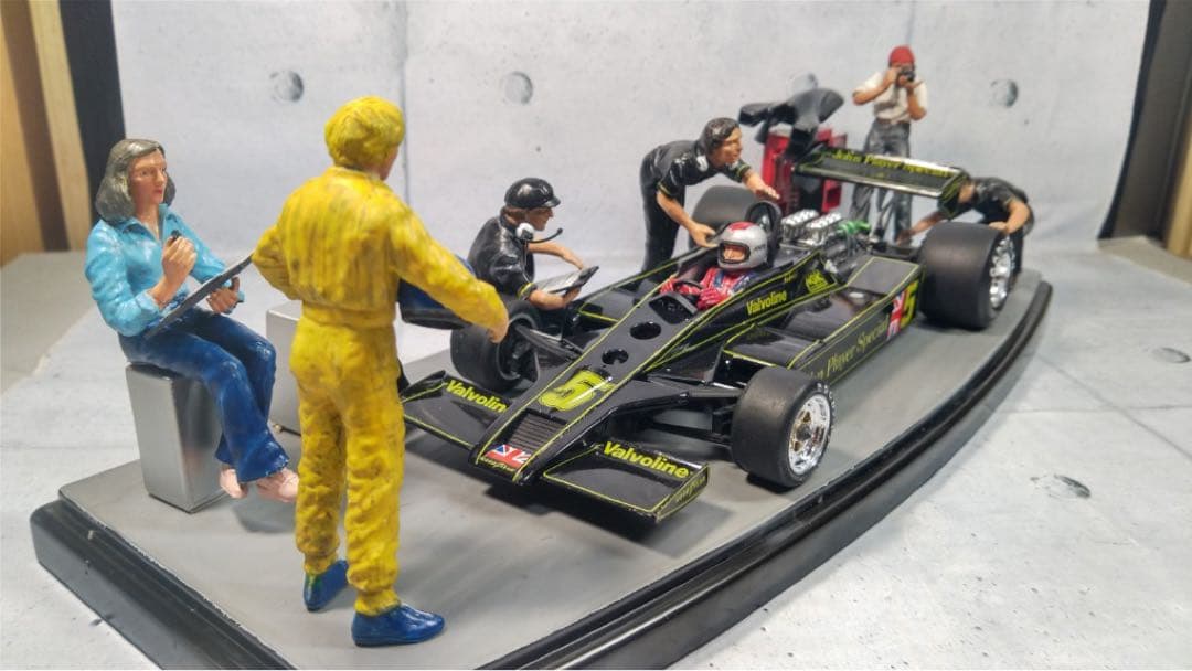 JPSロータス78完成品とタミヤ　モータースポーツチームセットの組合せ情景作品